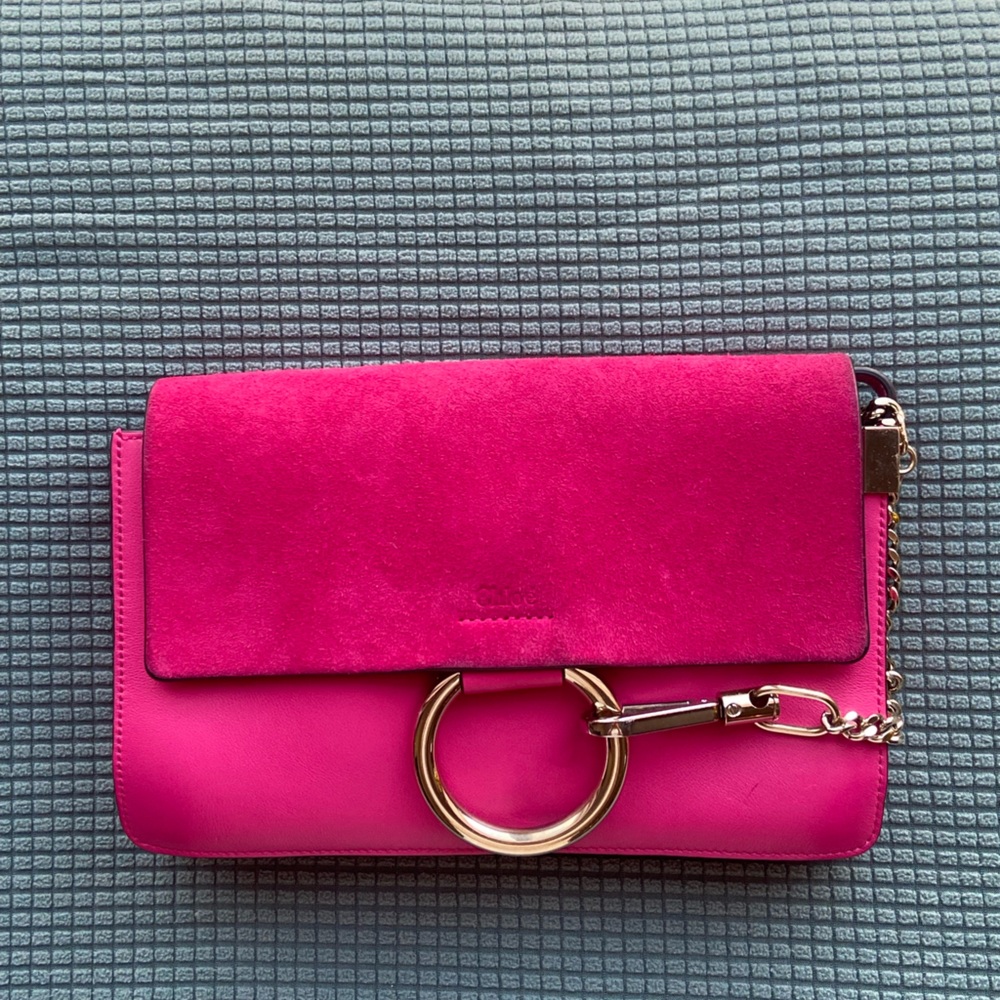 CHLOE FUCHSIA PINK FAYE CROSS FLAP BAG SUEDE AND LEATHER